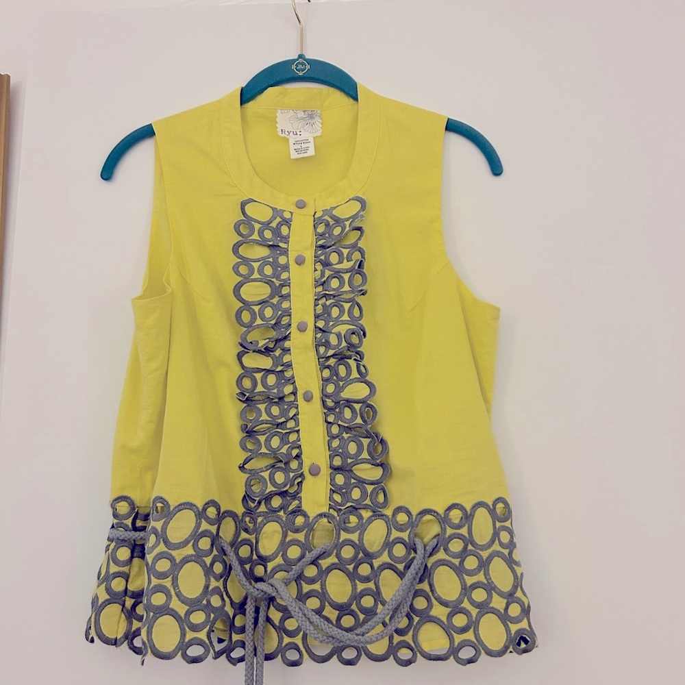 Ryu Yellow and Black Embellished Blouse with Mandarin Collar